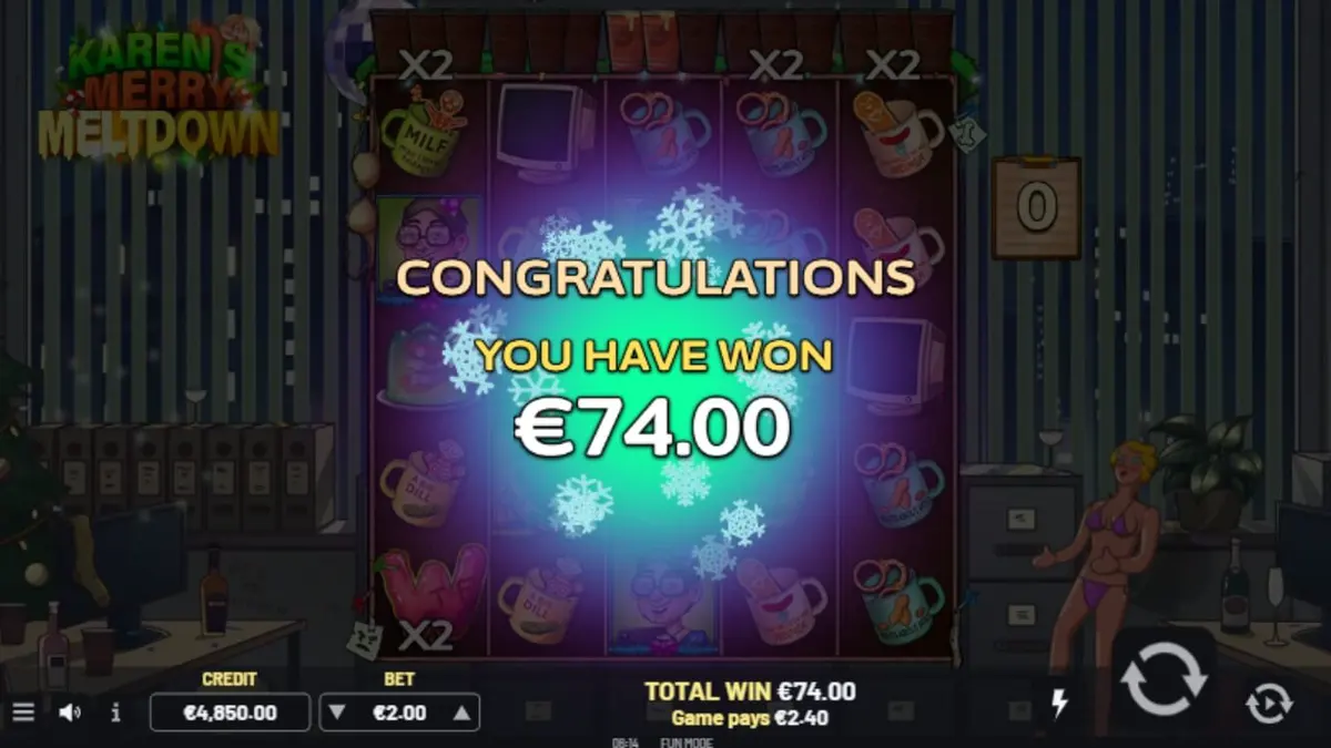 Interface do slot Karen’s Merry Meltdown com temática de festa corporativa caótica.