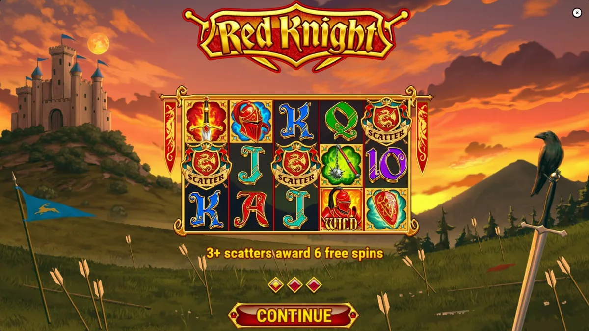 Cena de batalha medieval no slot Red Knight com elementos de fogo e castelo