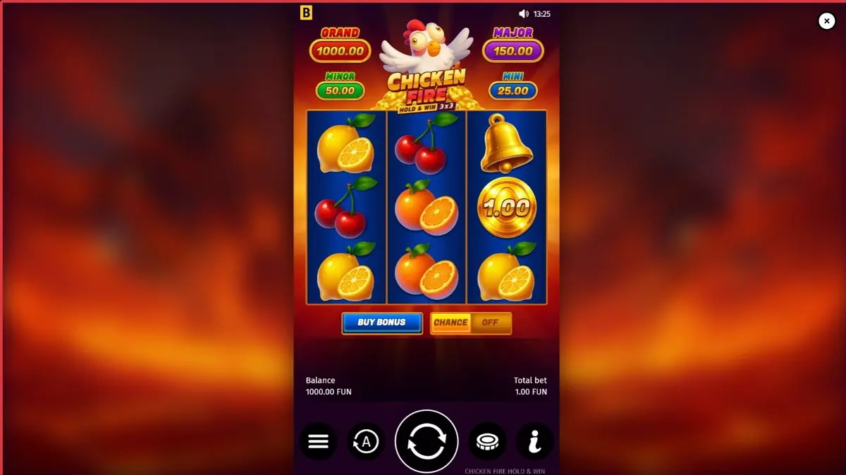 Interface vibrante do slot Chicken Fire com símbolos de frutas e galinhas animadas
